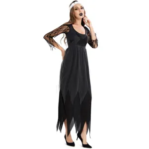 Detailed view of the gothic black Halloween vampire costume featuring elegant lace sheer sleeves.