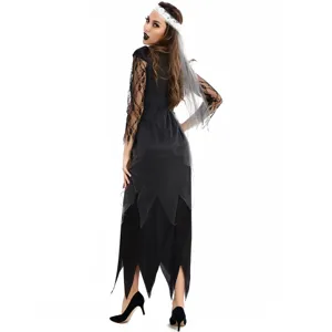 Halloween vampire bride costume detailed view, gothic black lace cosplay dress for women.
