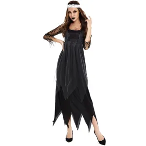 Detailed view of Halloween vampire bride cosplay dress with sheer lace sleeves and irregular hem.