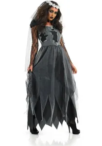 Halloween gothic ghost bride costume black lace long sleeve dress with veil for women