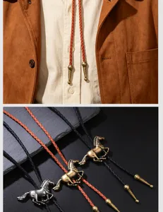 Close-up of vintage Western horse bolo ties with braided leather cords and antique metal pendants