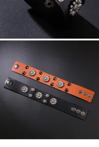 Detail and variant views of the punk genuine leather bracelet with flower rivets.