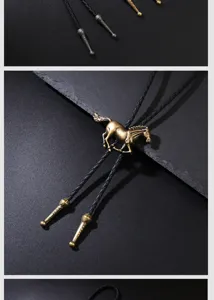 Detailed macro view of retro galloping horse bolo tie with black braided leather cord