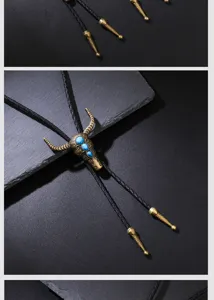 Dettaglio macro di un cravattino Bolo vintage stile cowboy con testa di toro e turchesi