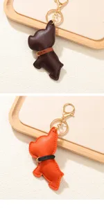 Set di portachiavi in pelle a forma di bulldog francese in marrone e arancione per borse
