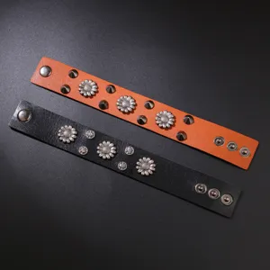 Vintage punk style wide genuine leather bracelets with decorative metal rivets and flowers