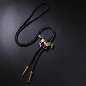 Vintage Western cowboy bolo tie with galloping horse pendant on black braided rope