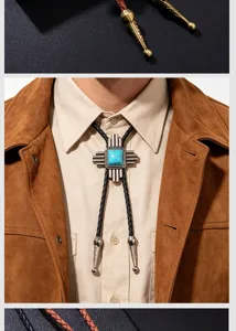 Macro λεπτομέρεια vintage Bolo Tie με τυρκουάζ πέτρα και πλεκτό δερμάτινο κορδόνι