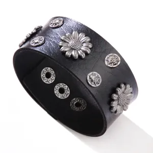 Vintage punk black leather wide bracelet with metal sunflower and skull rivets