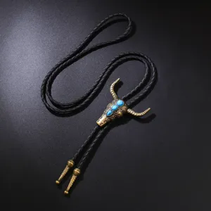Cravatta Bolo vintage stile cowboy con testa di toro, turchese e corda in pelle