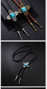 Vintage cowboy Bolo Tie με τιρκουάζ πέτρα και λεπτομέρεια από πλεγμένο δέρμα υψηλής