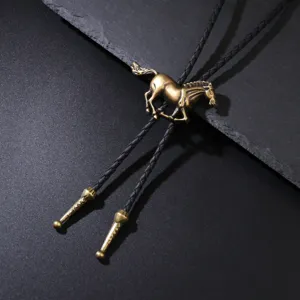 Vintage Western Bolo tie featuring a running horse alloy pendant and braided leather cord