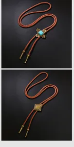 Εμπρός και πίσω όψη vintage γραβάτας Bolo με τιρκουάζ πέτρα και πλεγμένο δερμάτινο κορδόνι