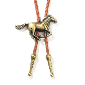 Vintage Western cowboy Bolo tie with bronze galloping horse pendant and braided leather rope