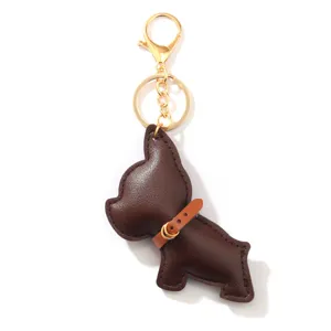 Portachiavi bulldog francese in pelle marrone scuro con moschettone dorato per borsa