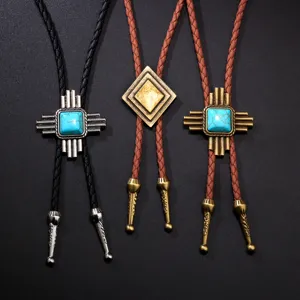 Ρετρό Western Bolo Tie με τιρκουάζ μενταγιόν και κολιέ από πλεκτό δερμάτινο σχοινί