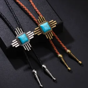 Vintage Western Cowboy Bolo Tie με πέτρα τυρκουάζ και πλεκτό δερμάτινο κορδόνι αξεσουάρ
