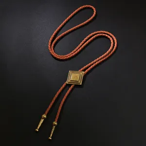 Vintage καφέ πλεκτή δερμάτινη γραβάτα bolo με τετράγωνο χάλκινο ρυθμιστή για στυλ cowboy.