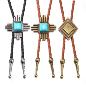 Vintage Western Bolo γραβάτα με τυρκουάζ και πλεγμένο δερμάτινο κορδόνι κολιέ