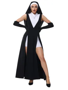 Sexy nun costume featuring a high slit black dress, headpiece, gloves, and cross necklace.