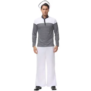 Detailed close-up of the black and white striped sailor top and white costume pants.