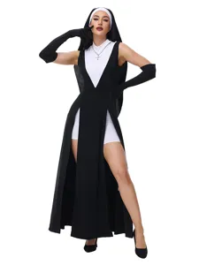 Details of the Gothic nun cosplay costume, featuring high slits, gloves, and cross necklace.