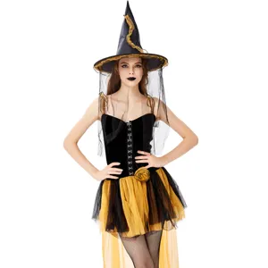 Grande taille femmes Halloween sorcière costume robe adulte cosplay tenue noir or élégant