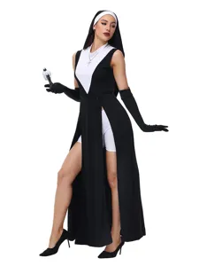 Gothic nun cosplay costume set featuring high slit black dress and matching accessories.