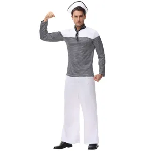 Men's sailor costume striped top white pants set for Halloween cosplay party performance.