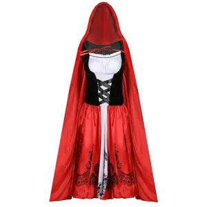 Detailed view of the red hooded cloak and black bodice of the Little Red Riding Hood costume.