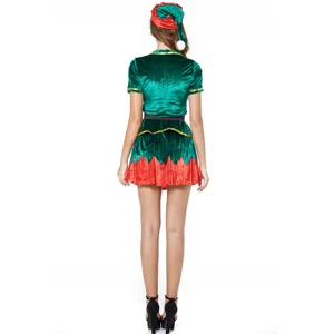 Déguisement de lutin de Noël femme velours vert et rouge tenue de cosplay de fête.