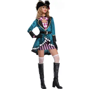 Women pirate costume set, Halloween cosplay party dress, velvet coat with hat and boots.