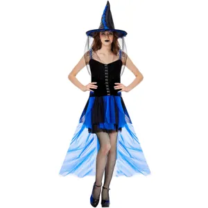 Costume de Sorcière d'Halloween pour Femme Robe Adulte Gothique Dentelle Patchwork Tenue de Fête de Jeu de Rôle Avec Chapeau de Sorcière