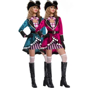 Women Halloween Pirate Costume Cosplay Outfit Set Sexy Velvet Jester Dress with Hat and Boots