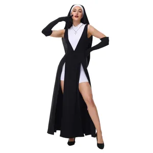 Sexy nun cosplay costume dark gothic Halloween party dress set with high slit and accessories