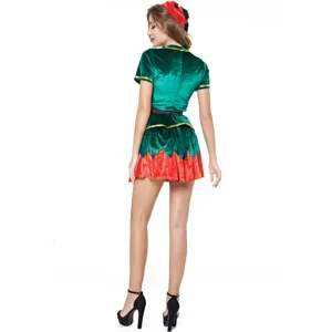 Vue détaillée du costume de lutin de Noël, montrant le dos et la texture velours.
