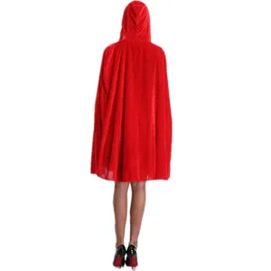 Red hooded velvet cape detail, perfect for Halloween costume and cosplay performance.