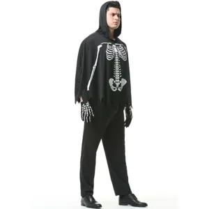 Costume de cape à capuche squelette d'Halloween pour hommes tenue d'os effrayante vue principale