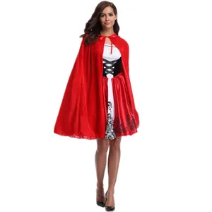 Details of women Little Red Riding Hood cosplay costume with red hooded cape and corset dress.