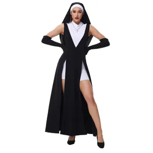 Halloween gothic nun cosplay costume set with high slit long dress and gloves for party.