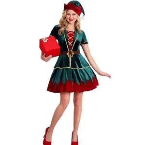Détails du costume de lutin de Noël, robe velours vert rouge avec chapeau pour fête.