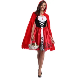 Women Red Riding Hood Costume Halloween Cosplay Fancy Party Dress with Red Cape Outfit