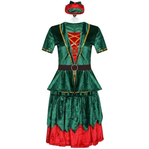 Ensemble de costume de lutin de Noël pour adultes, tenue en velours rouge et vert avec robe.