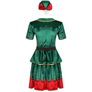 Costume elfe de Noël velours vert rouge robe chapeau set vue détaillée fête rôle habillage