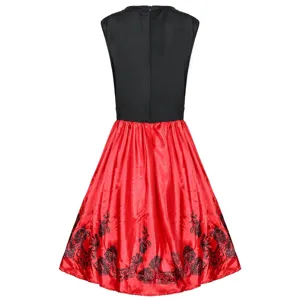 Sleeveless contrast color women dress with black top and red lace hem for costume party.