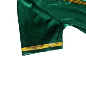 Gros plan détail d'une manche de costume de Noël en velours vert avec bordure dorée, doux.
