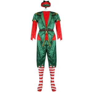 Détail de costume de lutin de Noël avec haut pantalon bonnet en velours et chaussettes.