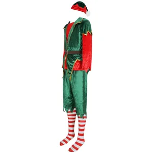 Vue de détail du costume de lutin de Noël, ensemble de cosplay rouge et vert pour fêtes.