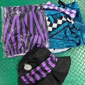 Women magician cosplay costume detail showing set with hat pants for halloween party