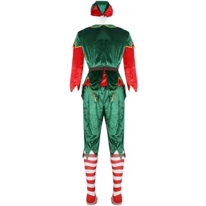 Détail de la vue arrière du costume de lutin de Noël, montrant la tunique verte et les chaussettes.